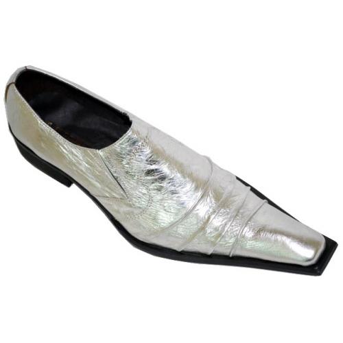 Fiesso Metallic Silver Grey Pleated Pointed Toe Leather Shoes FI8049